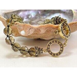 Heidi Daus Smokey Bead Bracelet Gold Tone Swarovski Crystals Toggle Clasp